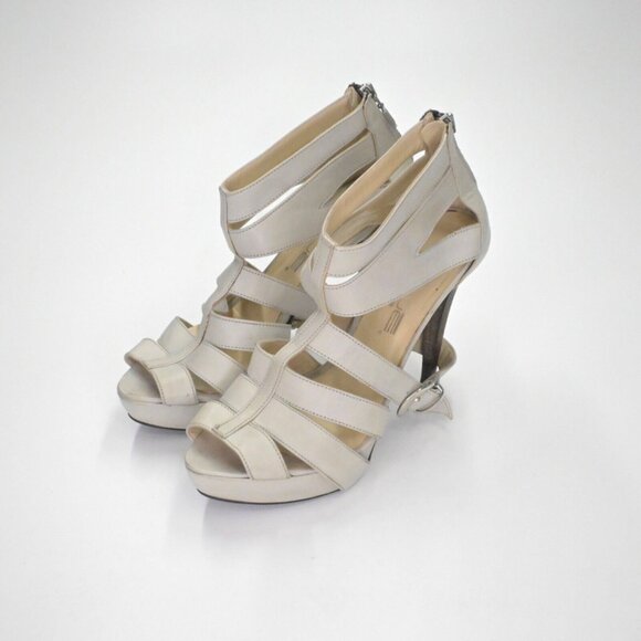 Vtg INNUE Heels Womens Size 38 Gray Leather Strappy Buckle Stiletto Back Zip 00s - Picture 3 of 14